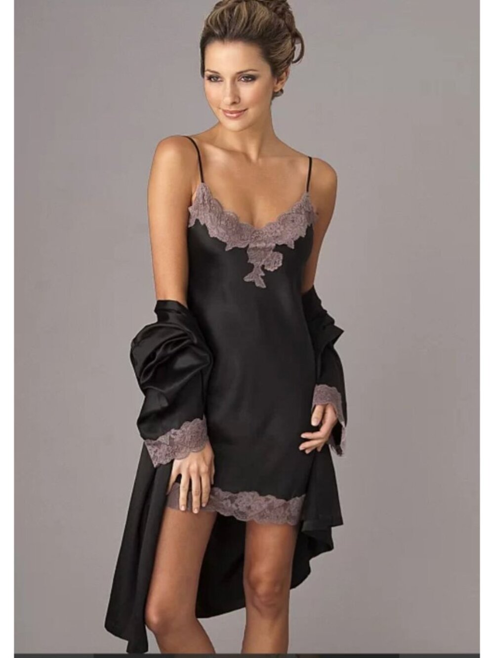 JULIANNA RAE Le Tresor Silk Chemise In Black with Mauve Lace Size Medium
